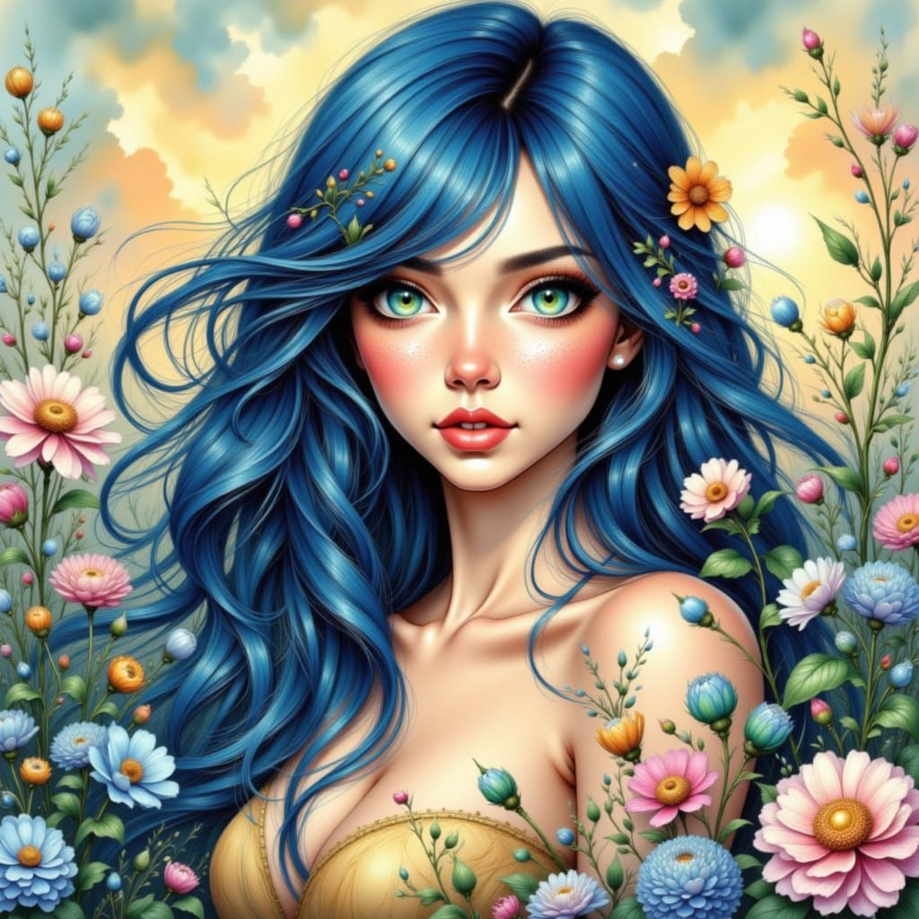 Stunning Woman with Freckles and Blue Hair in Watercolor Sty...