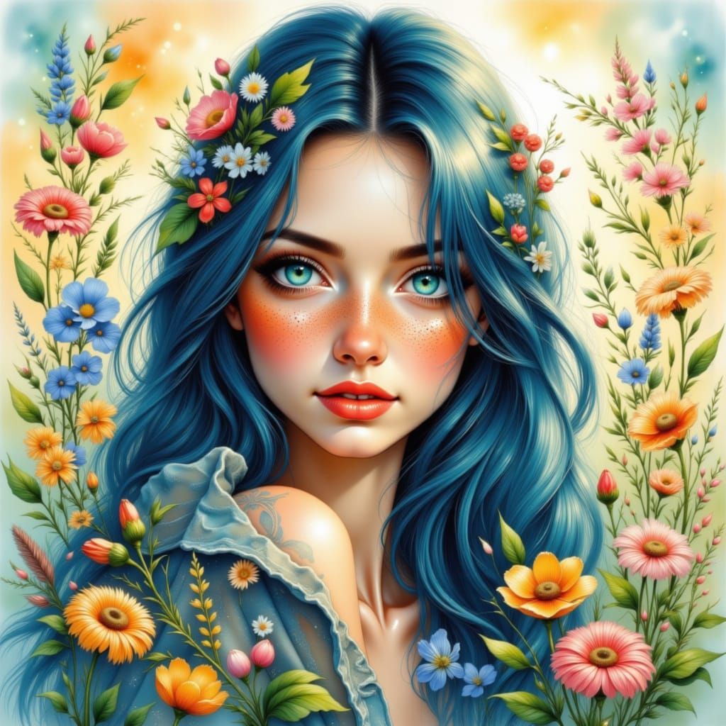 Stunning Woman with Freckles and Blue Hair in Watercolor