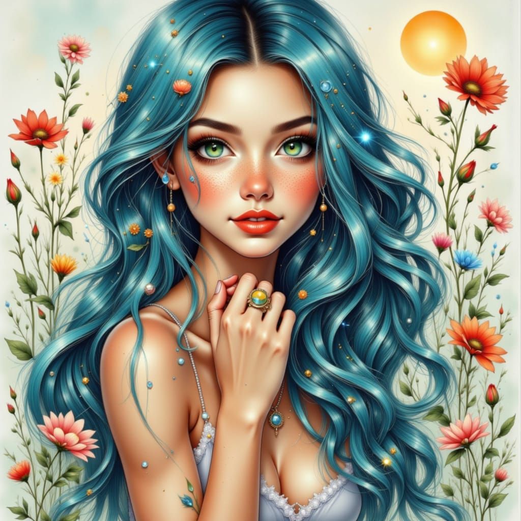 Pretty Woman with Freckles and Blue Hair in Watercolor Style