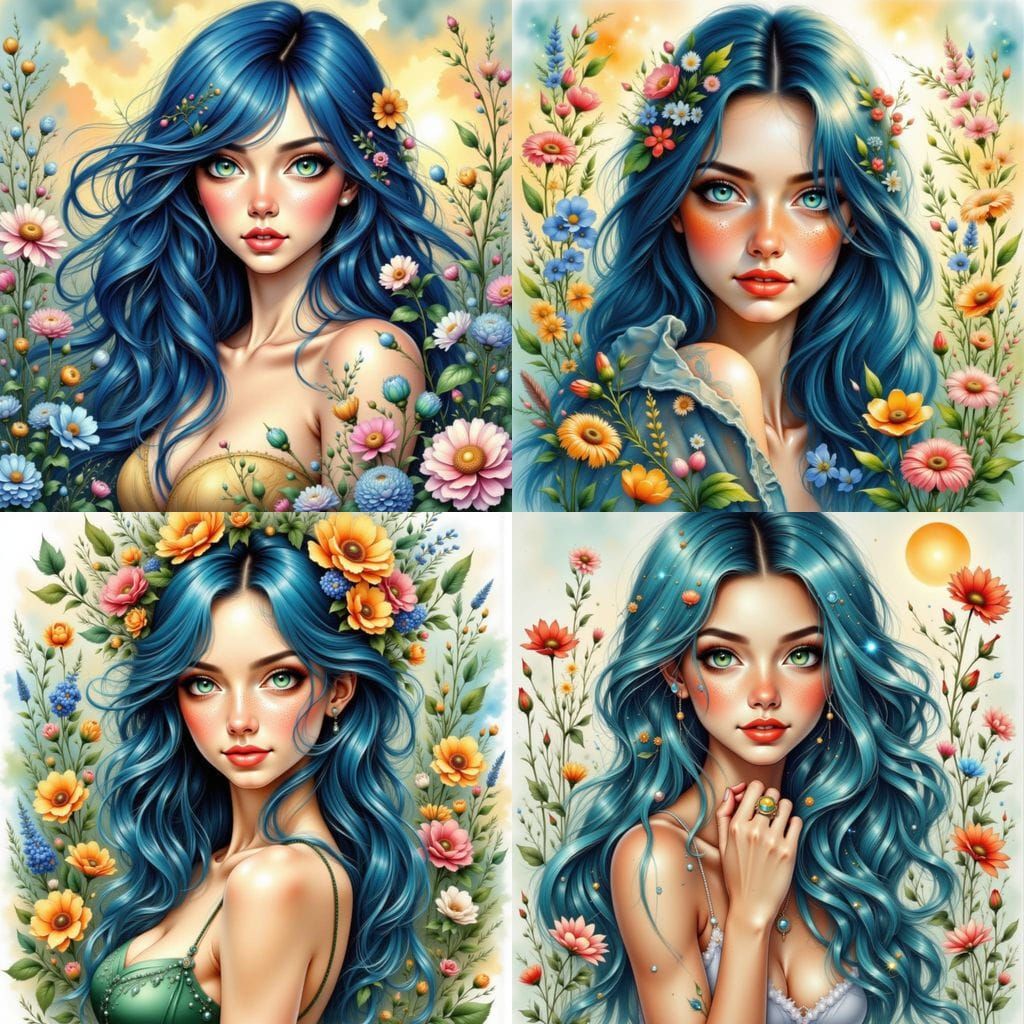 Pretty Woman with Freckles and Blue Hair in Watercolor