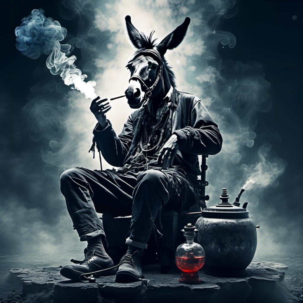 Donkey Smoking Hookah in Aetherpunk Monochromatic Art