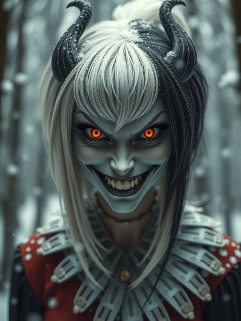 Cruella with Piercing Orange Eyes in Winter Forest