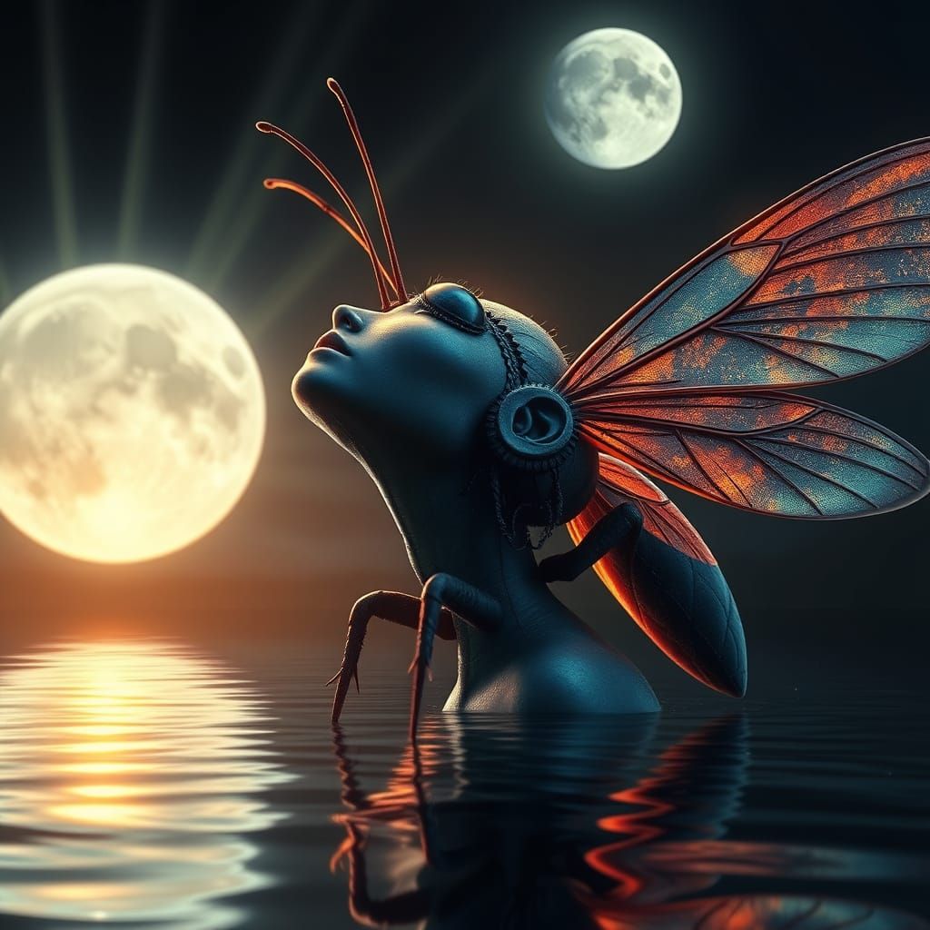 Insect Woman Gazing at Moonlit Lake