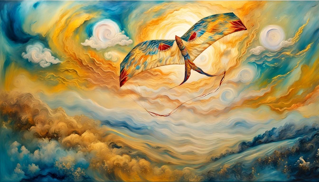Chinese Kite Soaring: Impressionist Landscape with Golden Li...