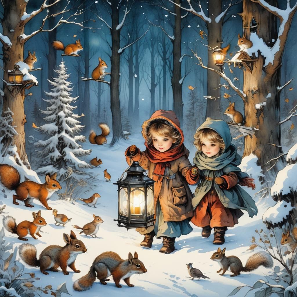 Enchanted Winter Wonderland in Whimsical Watercolor Style