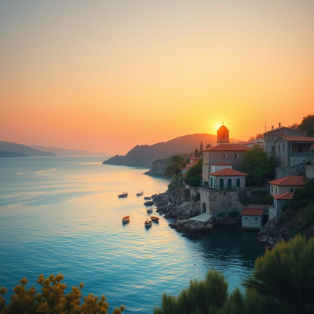 Impressionist Greek Island Landscape at Sunset