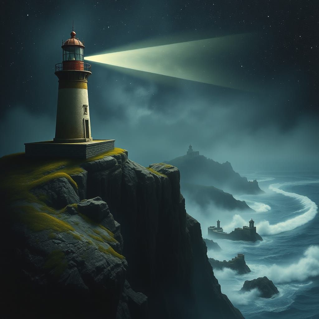 Mossy Lighthouse on Jagged Cliff Overlooking Starry Sea
