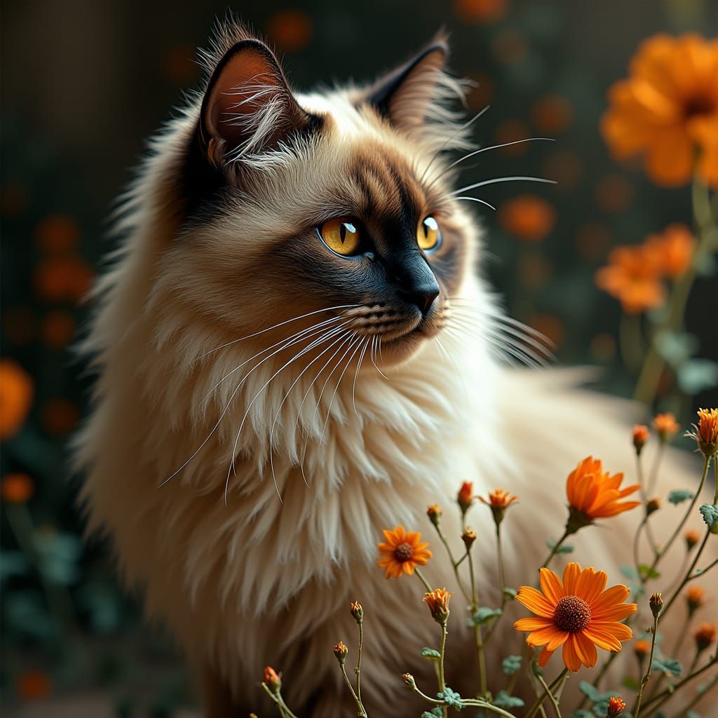 Siamese Cat Adorned with Flowers in Klimt Style