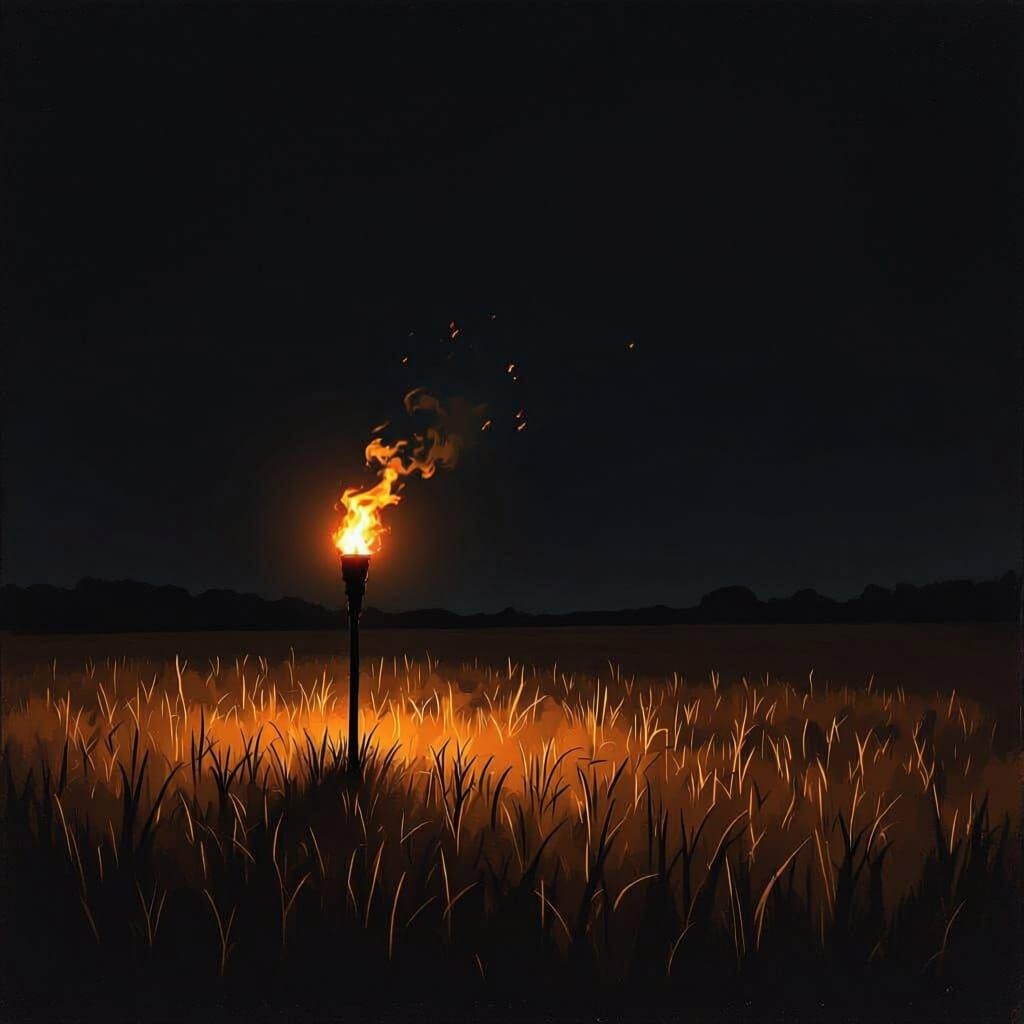 Lone Torch Illuminates Dark Field at Night