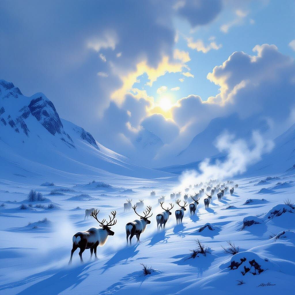 Caribou Herd Migration in Vast Winter Landscape