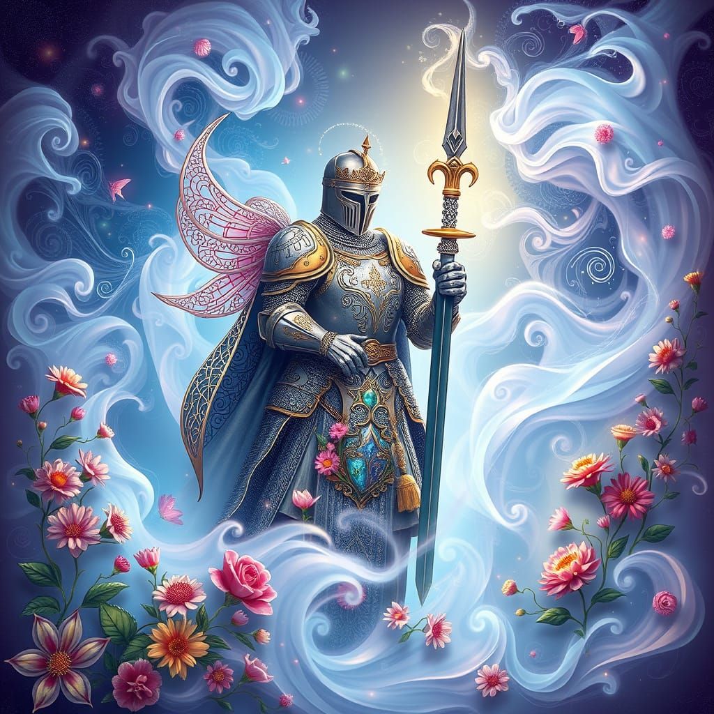 Ethereal Knight of Flowers in Whimsical Dreamlike Style