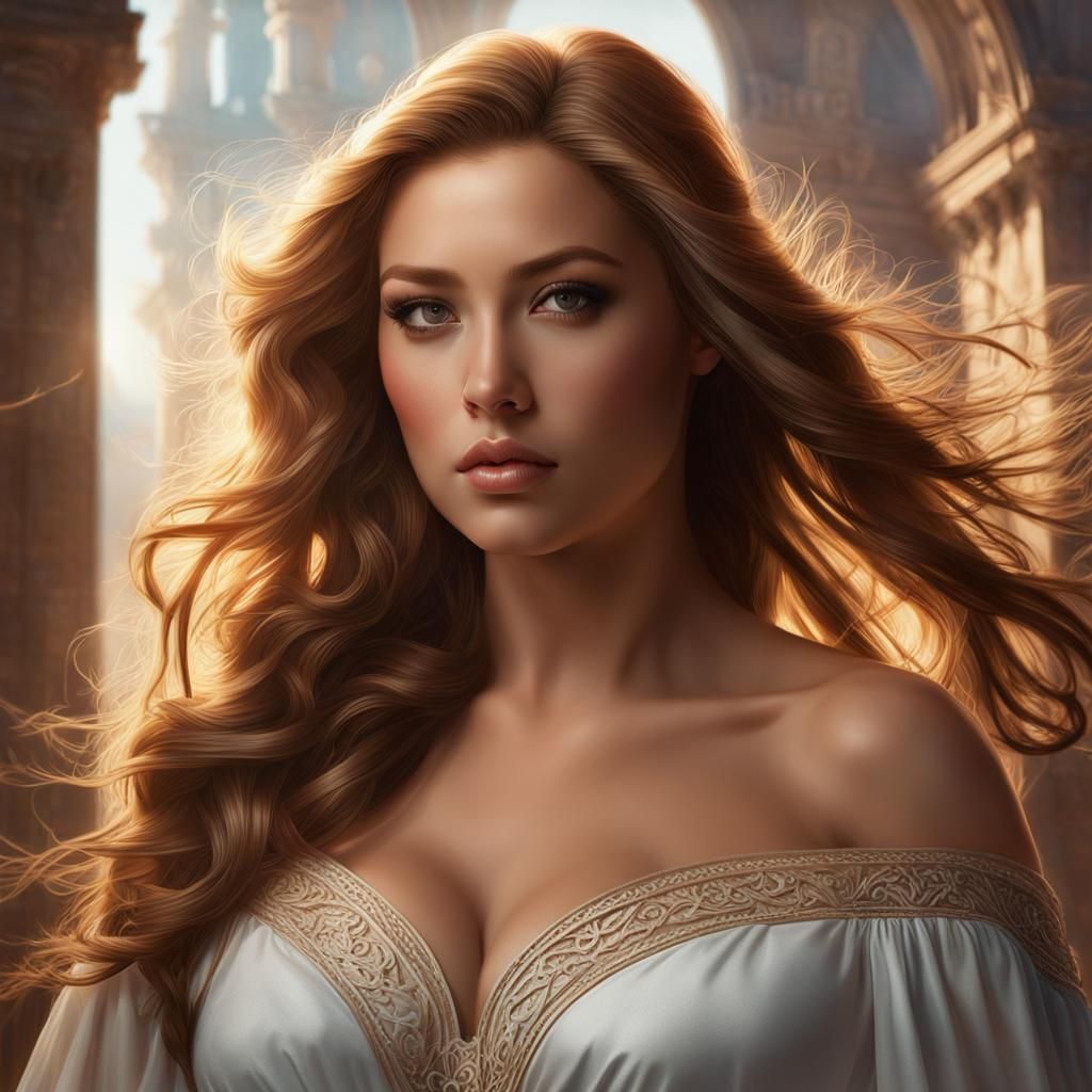 Voluptuous Woman in White Dress: Hyperdetailed Portrait