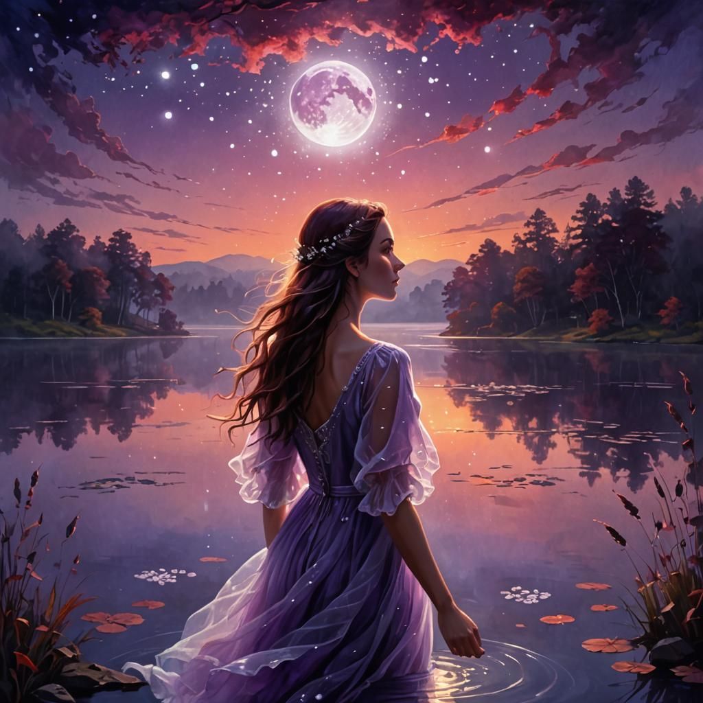 Ethereal Woman in Moonlight Magic Landscape