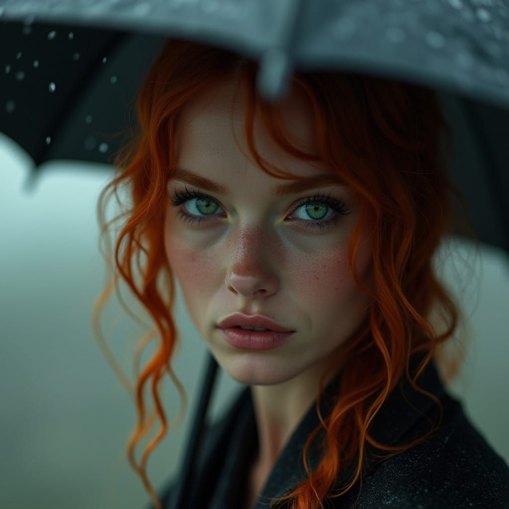 Ginger Woman Under Umbrella in Moody, Atmospheric Setting