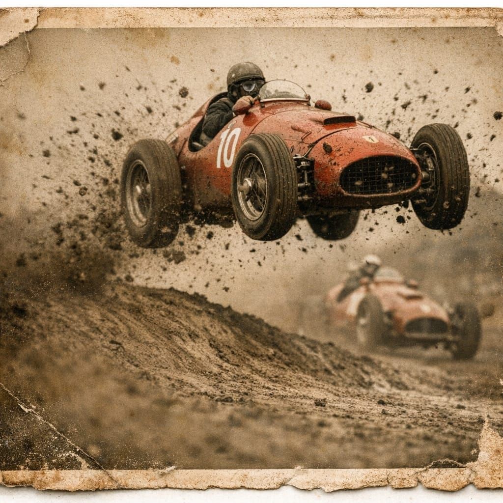 Flame Red Ferrari Tipo 500 Jumps Muddy Dirt Track