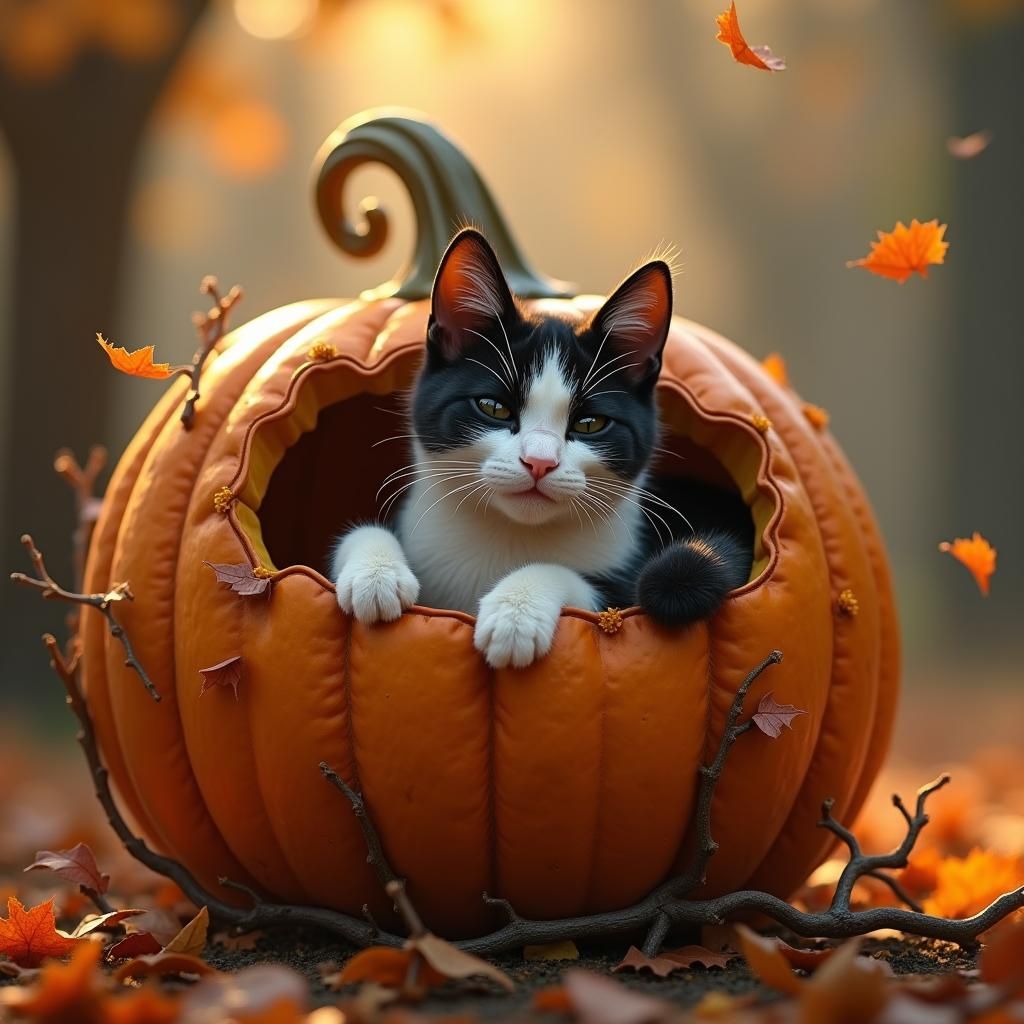 Cat in Pumpkin: Whimsical Autumn Scene