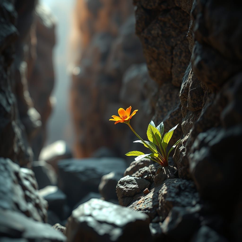 Orange Flower Growing Between Rocks in Cinematic Lighting