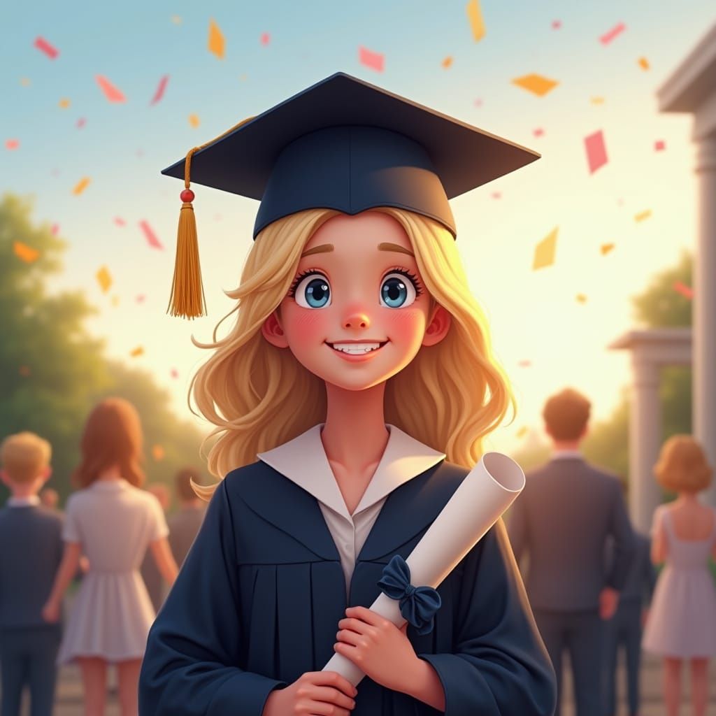 Smiling Blonde Graduate Portrait in Digital Art Style