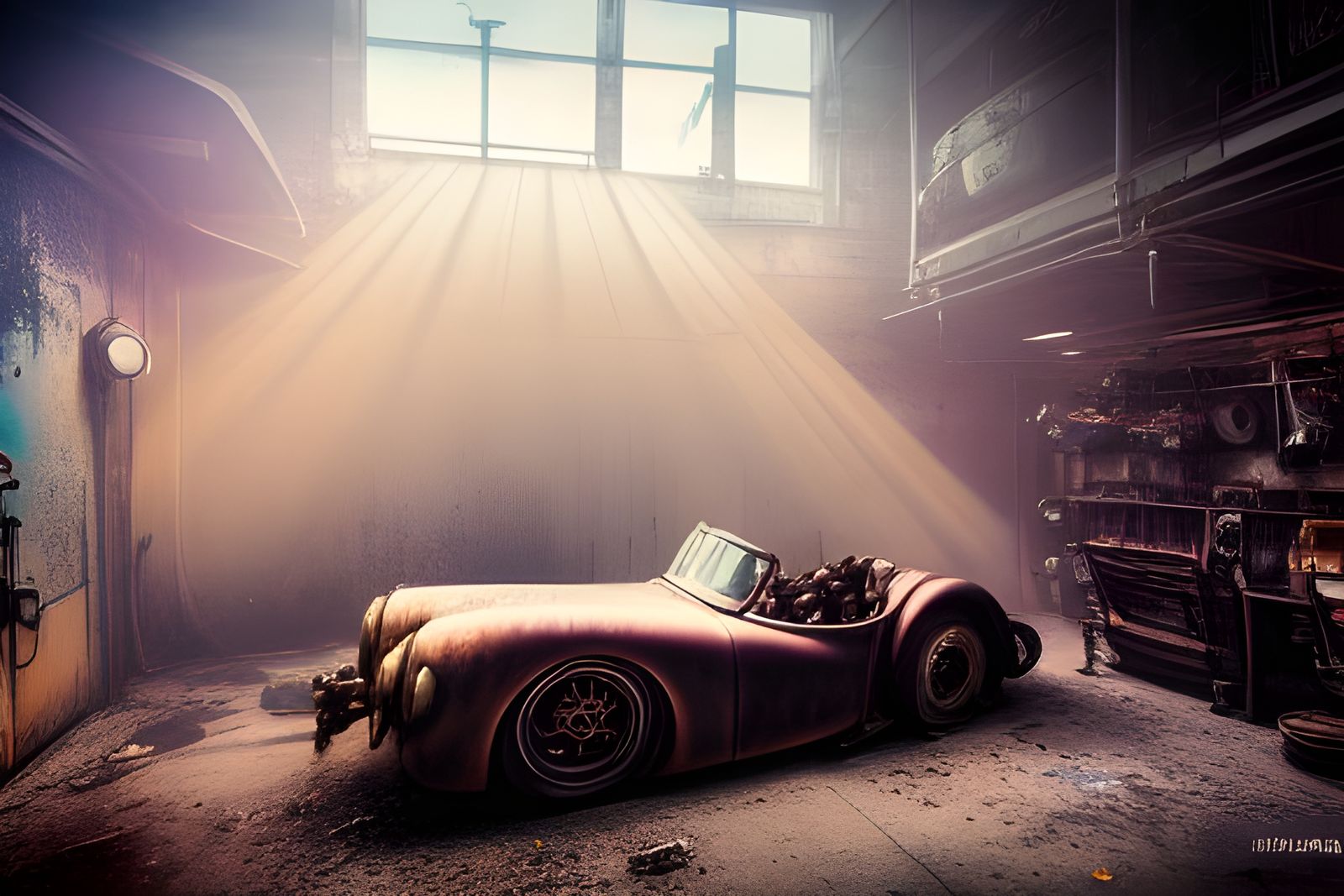 Steampunk Hotrod in Urbex Garage with Sunrays