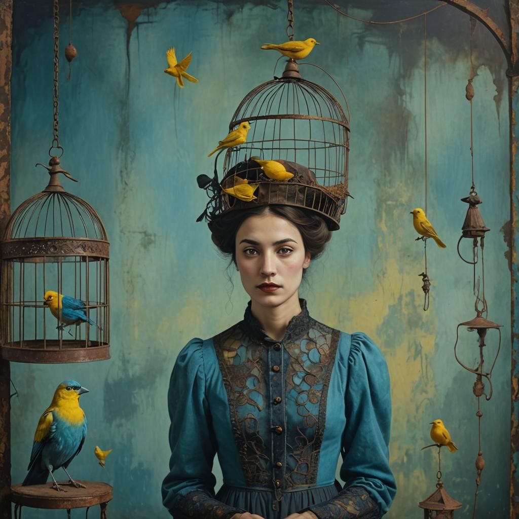 Surreal Woman with Birdcage Hat in Cerulean Room