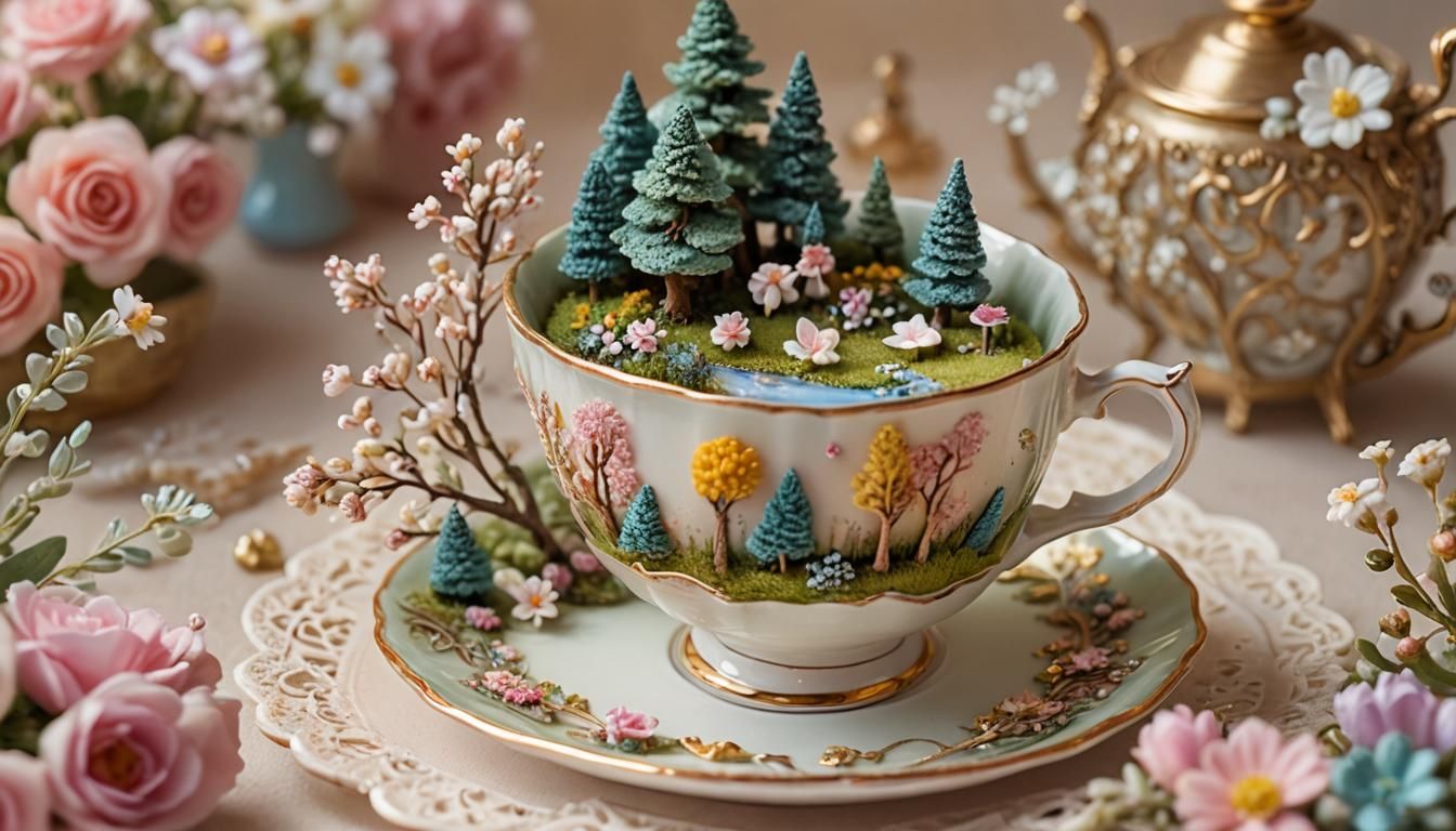 Miniature Landscape in Antique Teacup: Storybook Illustratio...