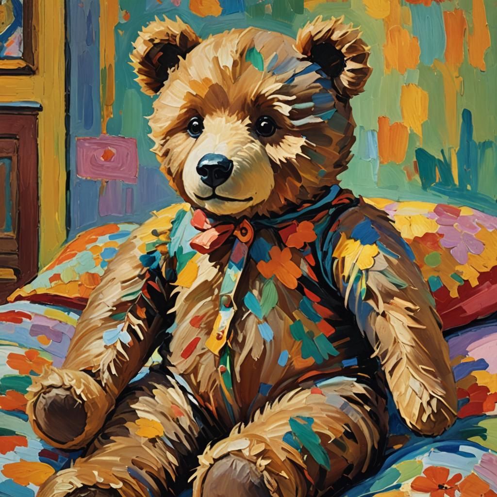Fauvist Teddy Bear Portrait with Impasto Texture