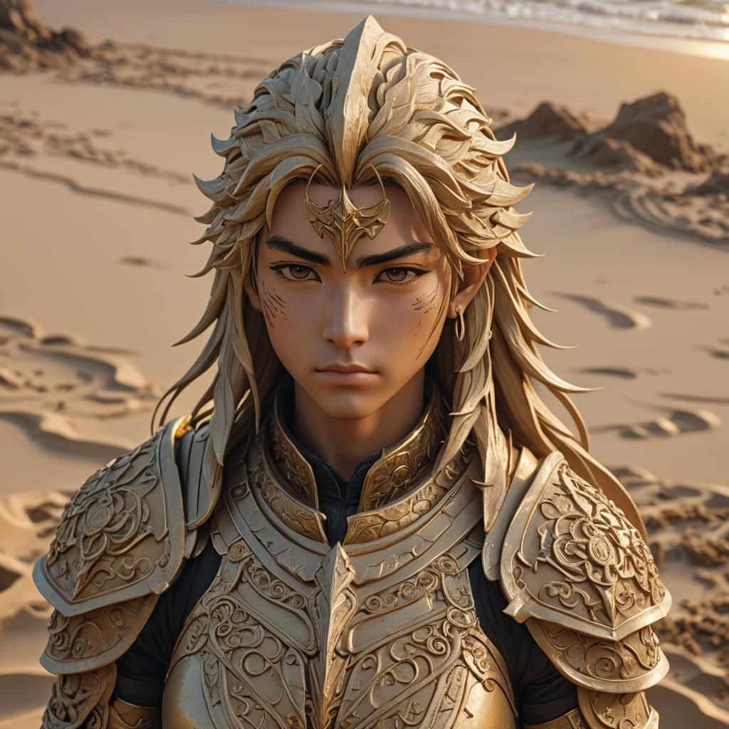 Sand Warrior Sculpture on Mystical Beach, Anime Style