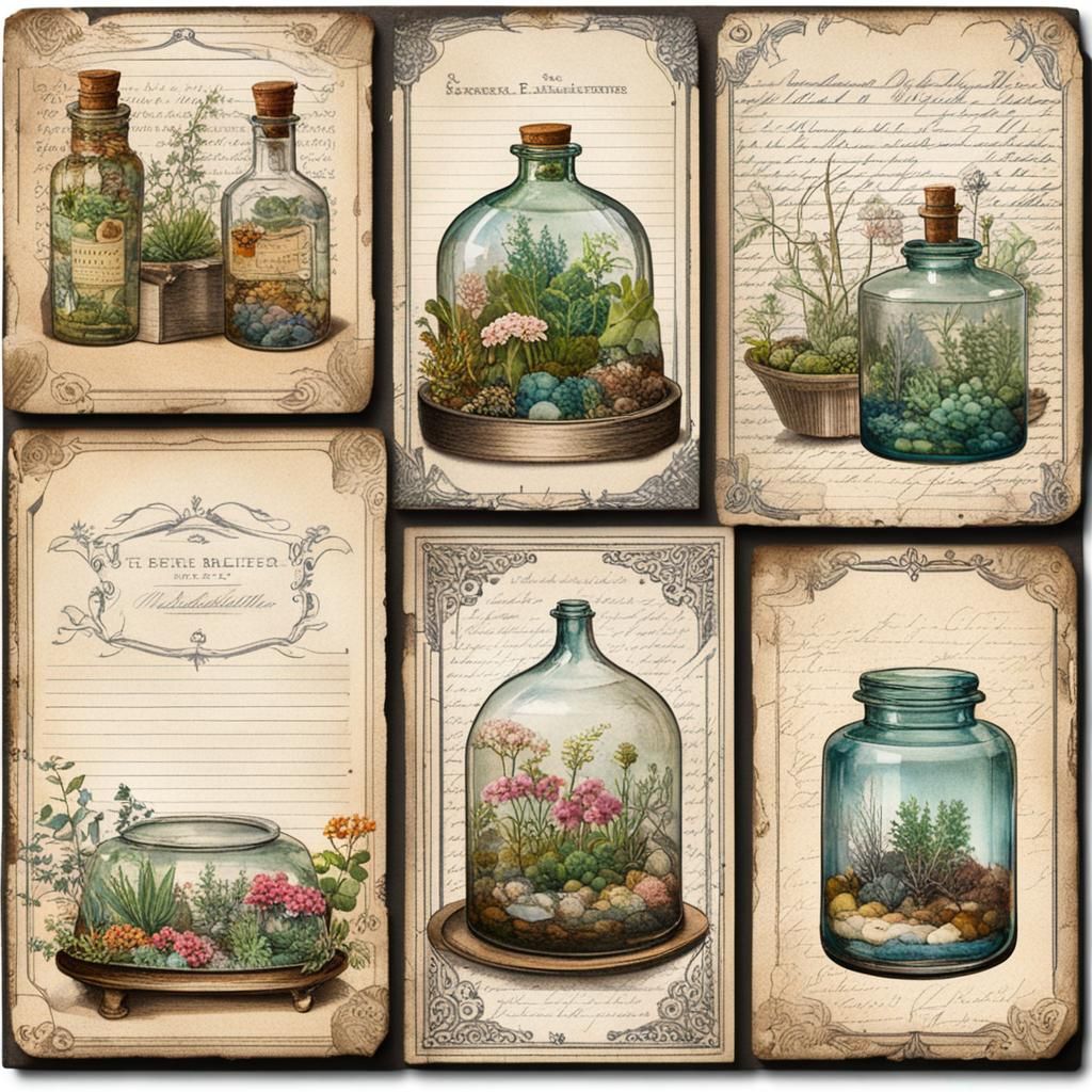 Vintage Glass Bottle Terrarium Illustrations on Journal Card...