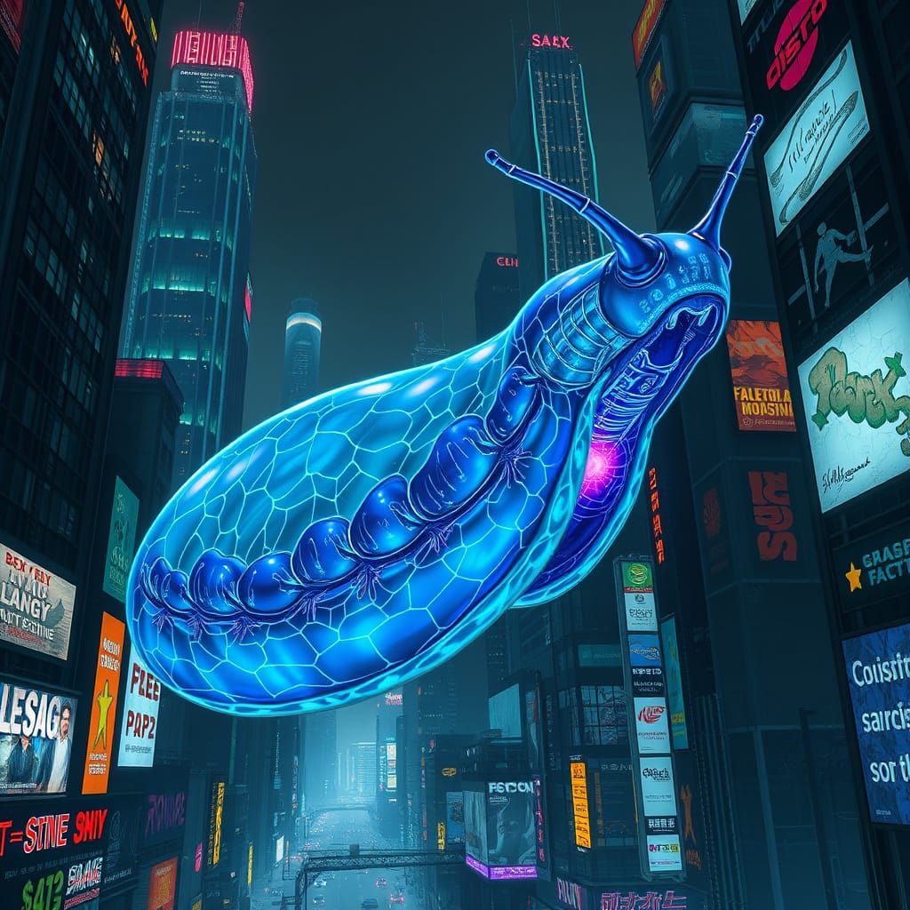 Surreal Bioluminescent Slug Unfolds in Cyberpunk Metropolis