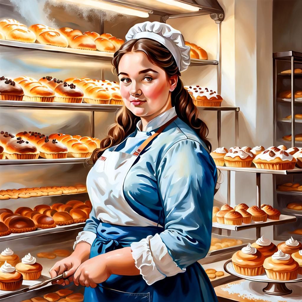 Airbrush Portrait of Baker Woman in Bakery