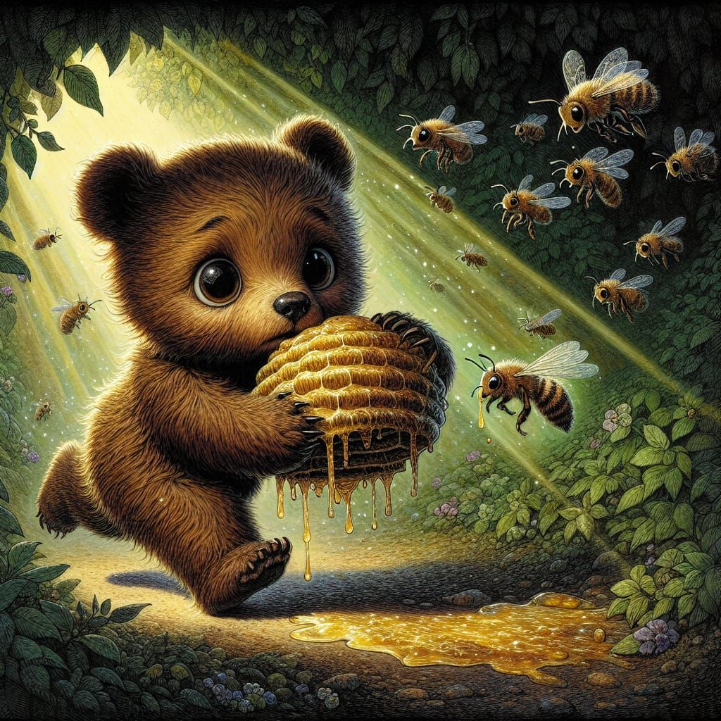Frightened Bear Cub with Beehive in Whimsical Scene