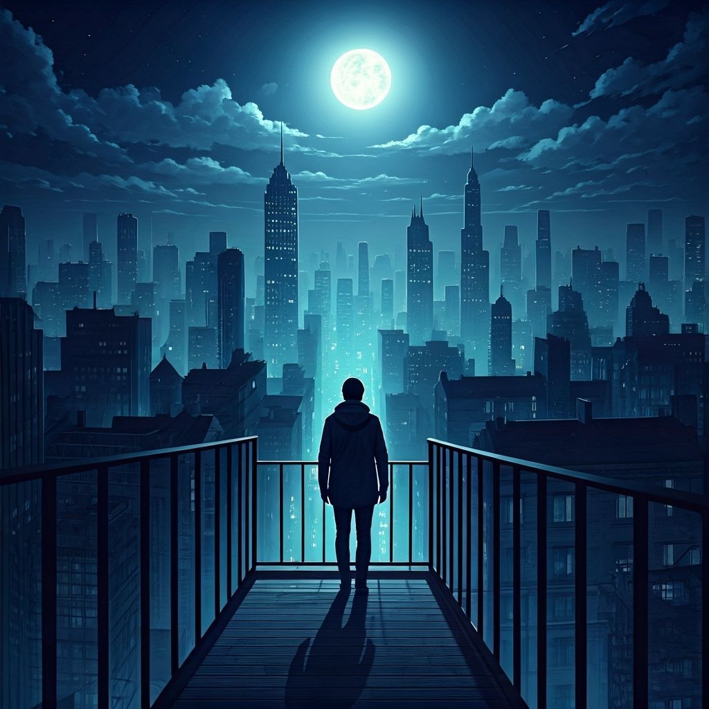 Lonely Figure Gazing at Moonlit City