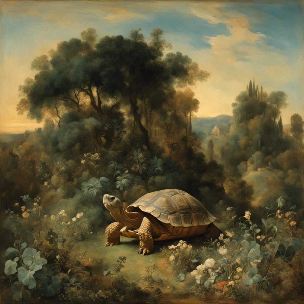Greek Tortoise in Golden Hour Garden Landscape