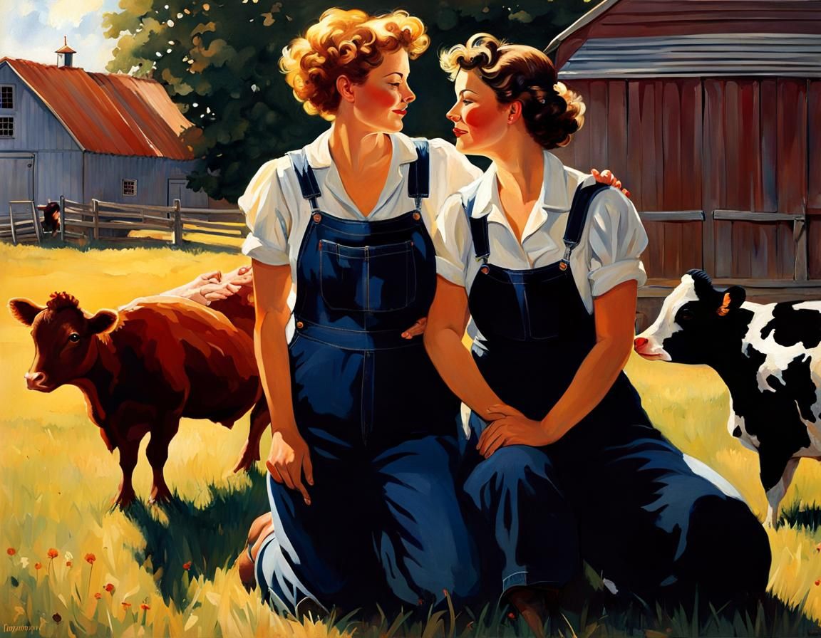 Lesbian Couple Kissing on Farm in Rockwell Style
