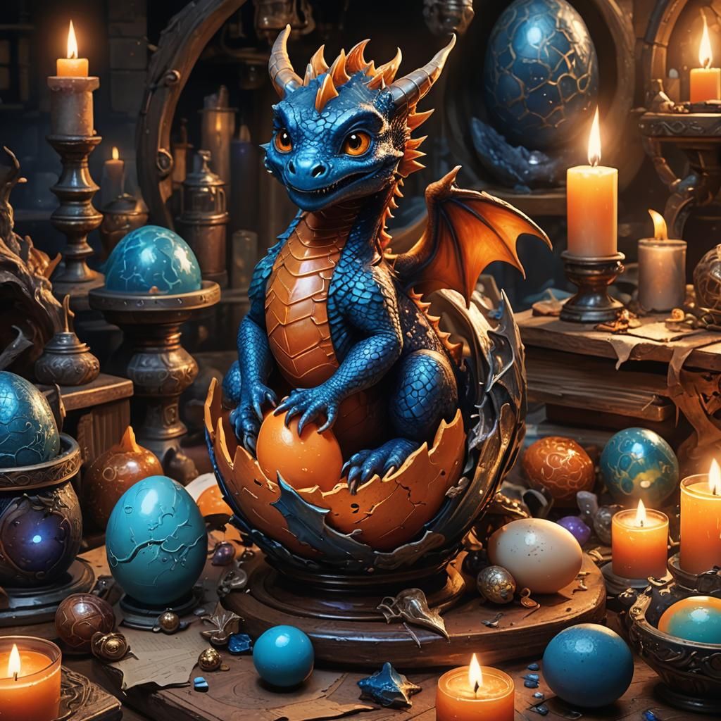 Baby Dragon Hatching in Wizard's Lab: Fantasy Art