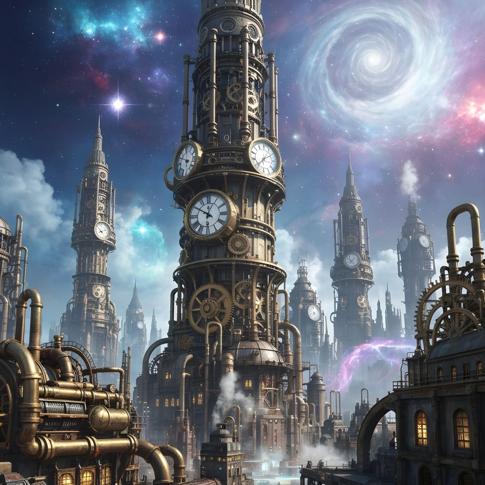 Steampunk Cityscape with Clockwork Towers and Cosmic Nebulae