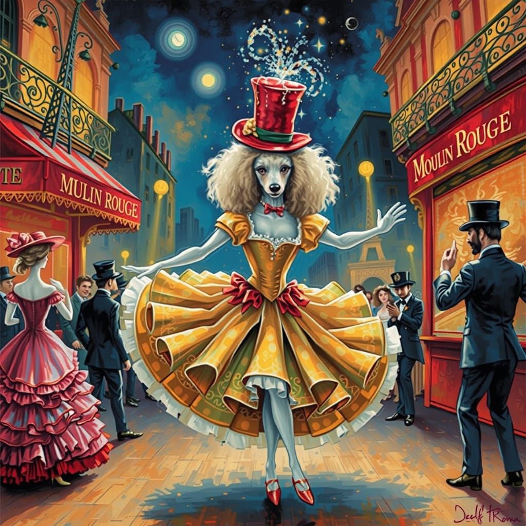 French Poodle Dancer in Moulin Rouge Glamour