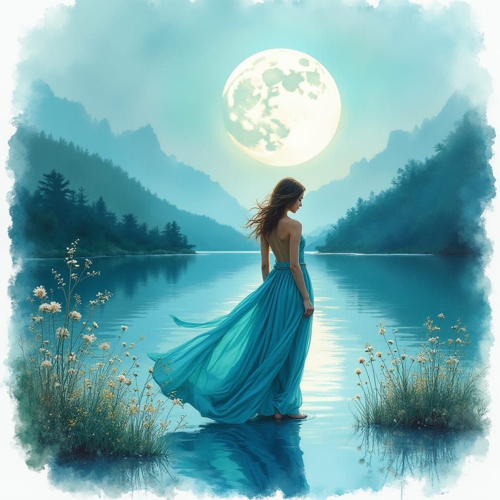 Moonlit Woman in Turquoise Dress: Watercolor Painting