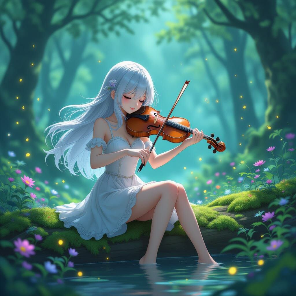 Anime Girl Playing Violin in Enchanted Forest