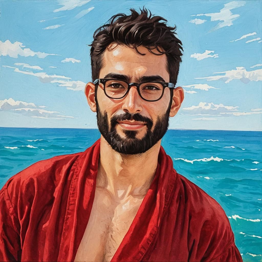 Joyful Man in Red Velvet Robe, Gouache Style