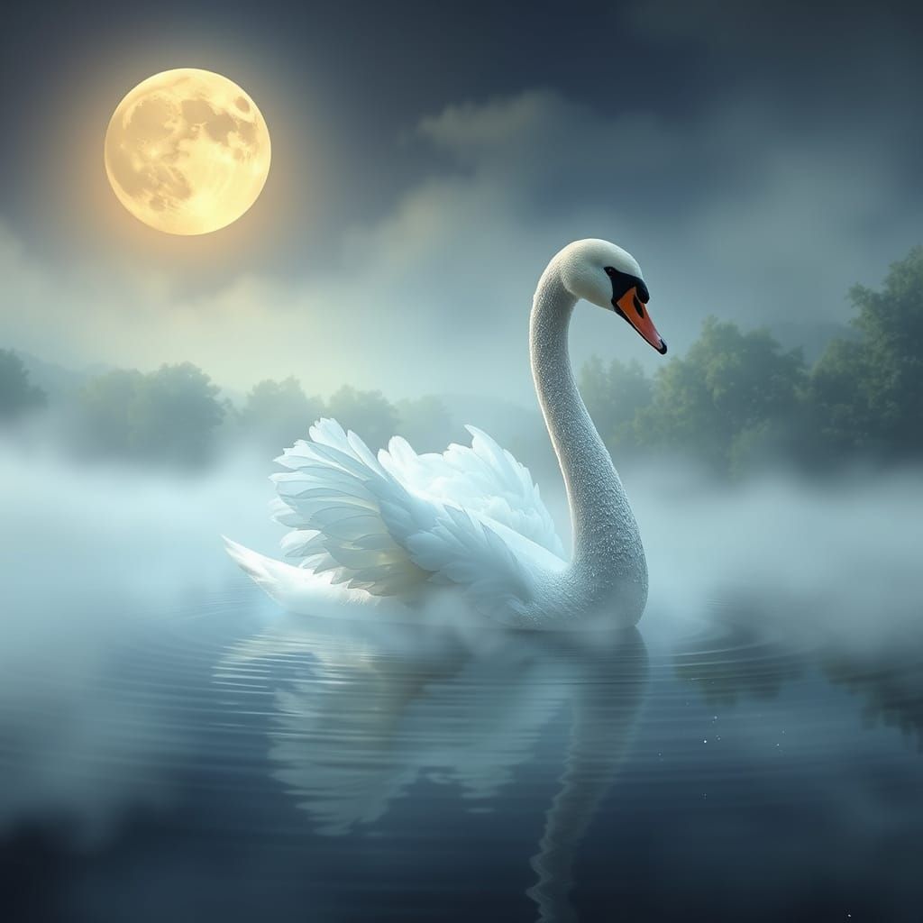 Moonlit Swan Rises from Mystical Lake