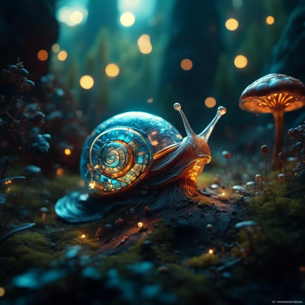 Glowing Snail Shell World in Magical Realism