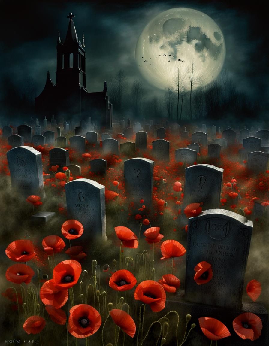 Eerie Moonlight Graveyard with Poppies Watercolor