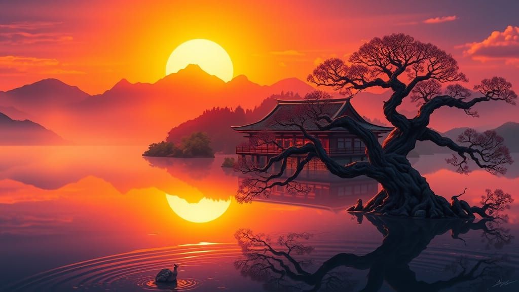 Ethereal Fantasy Sunset Landscape Digital Oil Painting