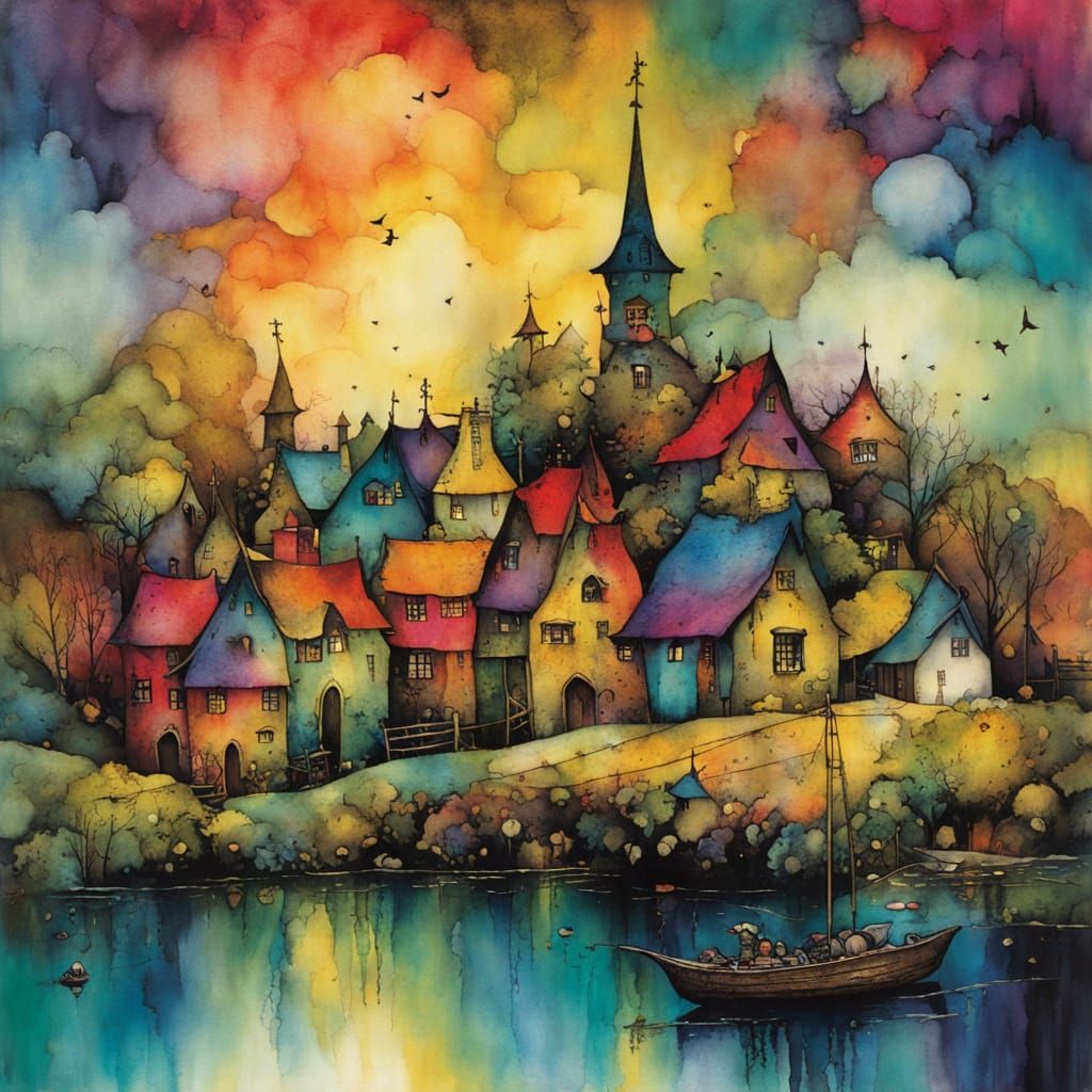Vibrant Whimsical Village Sunrise