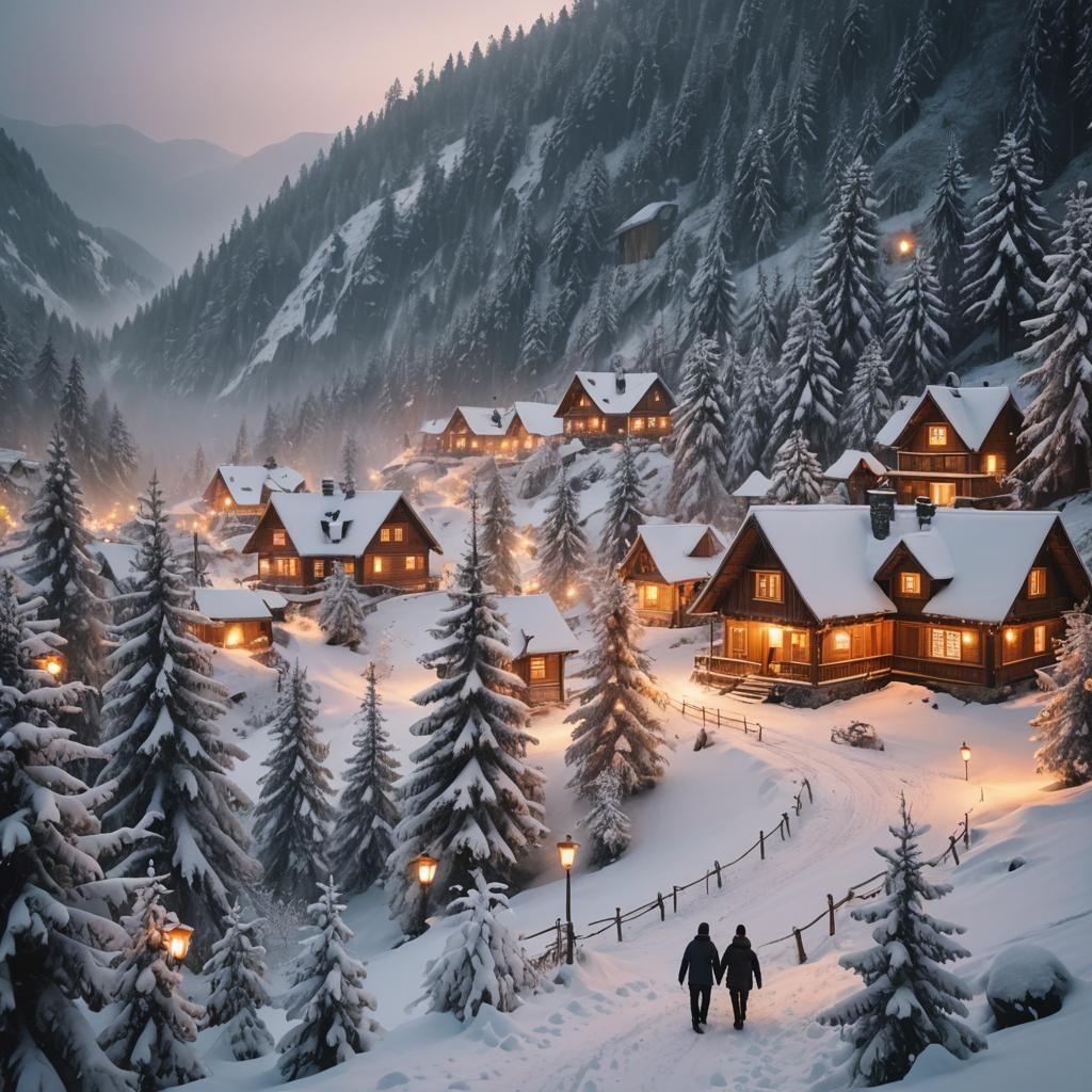 Enchanting Winter Village in Misty Mountains