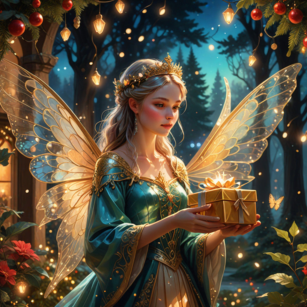 Surreal Fairy Queen Accepts Gift in Whimsical Winter Wonderl...