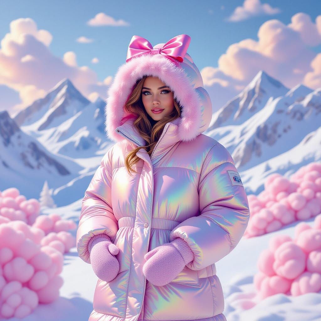 Woman in Iridescent Downsuit in Dreamy Landscape