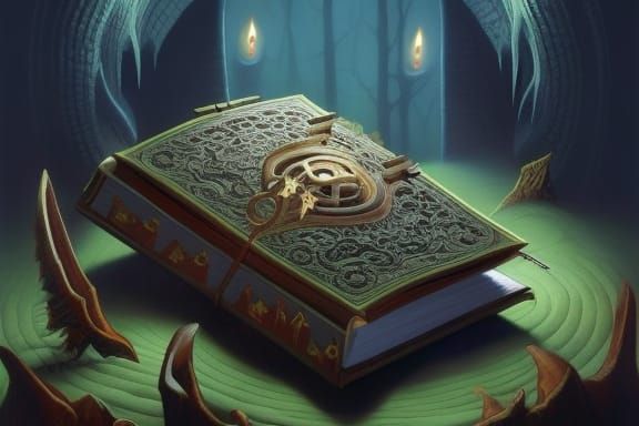 Dark Magic Book in Catacombs, Detailed Fantasy Art