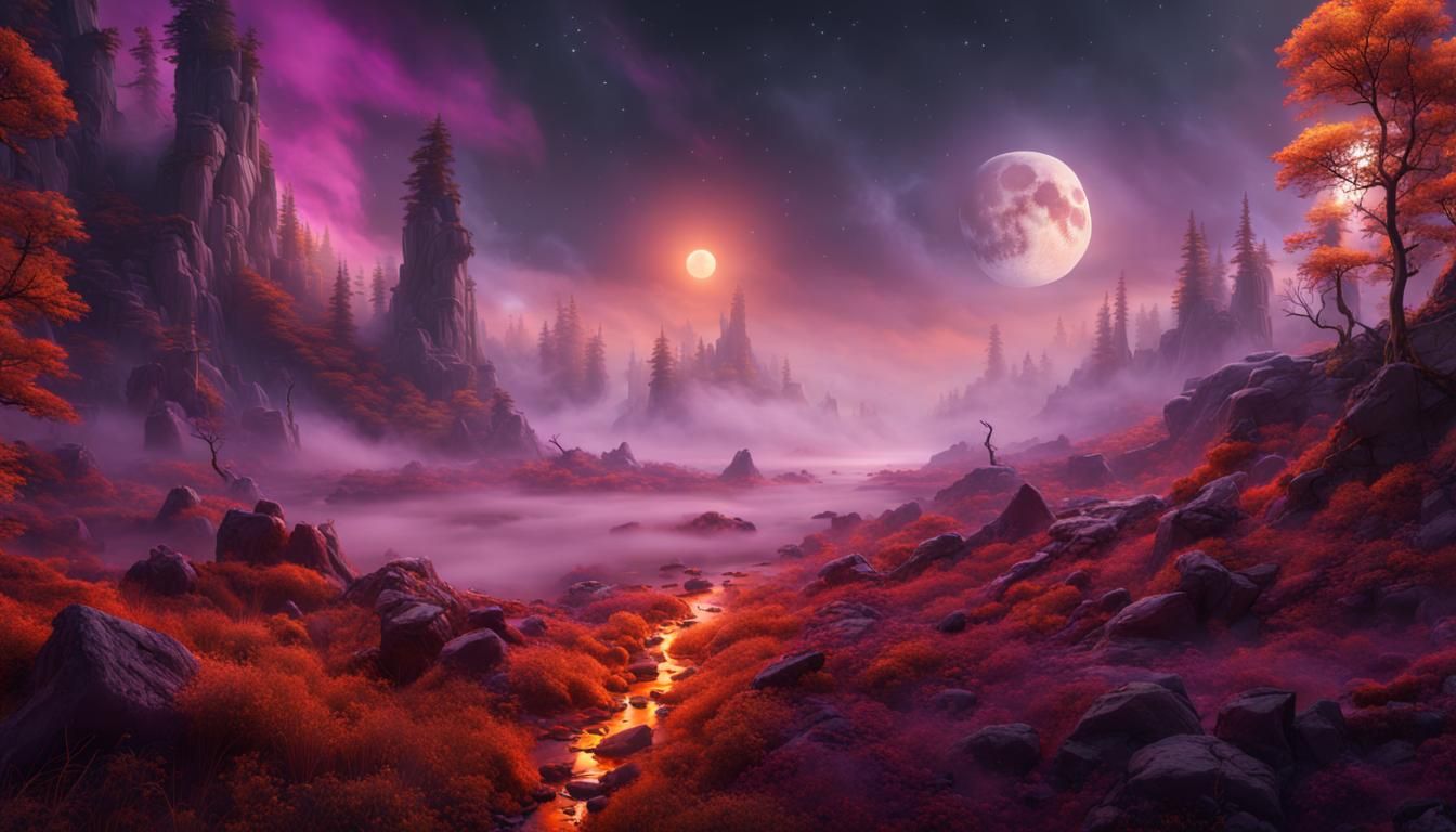 Colorful Fog Landscape with Rocket in Fantasy Art